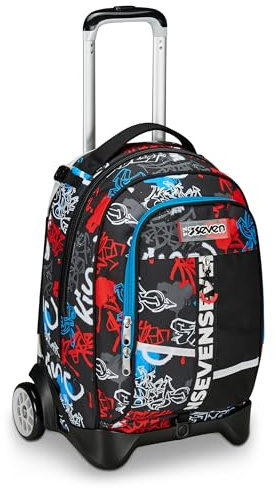 Seven TROLLEY Rucksack mit Trolleyfunktion, 3 in 1, Schulranzen mit Rollen, Abnehmbarer Rucksack, ab 1. Klasse, für Schule, Gymnasium, Reisen&Freizeit, Mädchen&Jungen, rot und schwarz