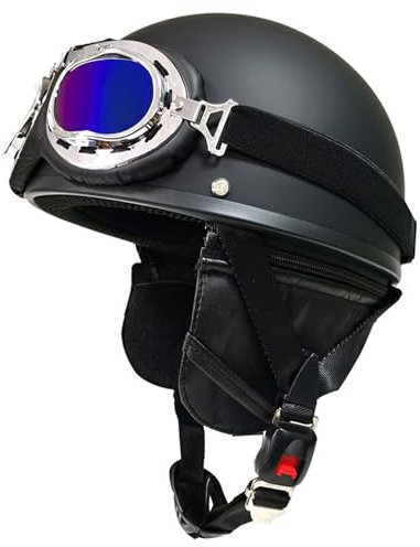Retro Motorradhelm Open Face Helm ECE-Zulassung Halbhelm mit Brille Vintage Halbschalenhelm Deutsche Braincap Jethelm Rollerhelm Für Damen Und Herren 2,M