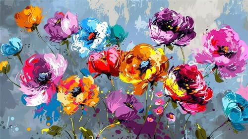 Malen Nach Zahlen, Malen Nach Zahlen Farbige Blumen Paint by Numbers, DIY Blume mit Pinseln und Acrylfarben Handgemalt Ölgemälde Leinwand für Weihnachten Geschenke, Wanddeko, Ohne Rahmen (140x80cm)
