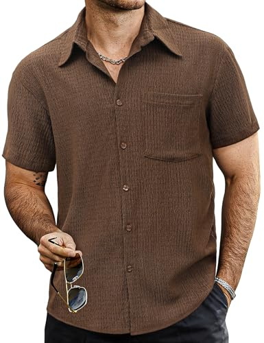 VATPAVE Mens Summer Striped Shirts Button Down Short Sleeve Vintage Beach Hawaiian Shirts with Pocket Large Pure Coffee