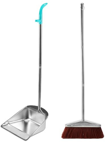 NIHUIFDPY Long Handled Dustpan and Brush Set, Stainless Steel Broom and Dustpan Set, Heavy Duty Household Dust Pan with Comb Teeth for Indoor Outdoor Garden Home Room Kitchen Office