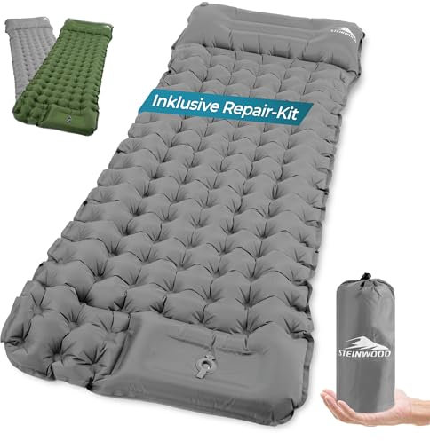 Steinwood Isomatte Outdoor, Isomatte Ultraleicht mit Reparaturset, Aufblasbare Luftmatratze - kleines Packmaß, Wetterfeste Outdoor Matratze für Wandern, Camping, Zelten & Festivals, Grau