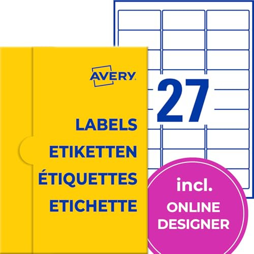 AVERY Zweckform P4784-50 Namensetiketten (1.350 Namensaufkleber, 63,5x29,6mm auf A4, selbstklebend, bedruckbare Textiletiketten Acetatseide für Laserdrucker, rückstandsfrei ablösbar) 50 Blatt, weiß