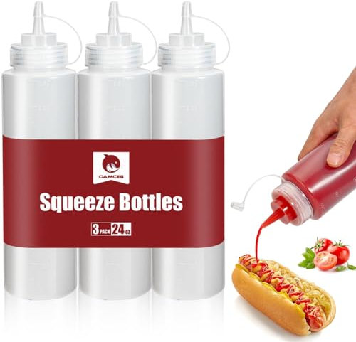 OAMCEG 3-Pack Sauce Squeeze Bottles, 24 oz/700 ml BPA-Free Plastic Ketchup & Condiment Bottles with Measurement for Syrup, Dressings, Mayonnaise,Hot Sauce