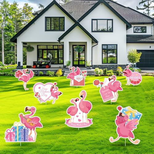 8pz Felice Festa Della Mamma Cartello Dell'Anno, Cartelli da Giardino con Fenicotteri Decorazioni con Paletti Ti Amo Mamma Fiori Fenicottero Tropicale Rosa Decorazioni per Feste All'Aperto