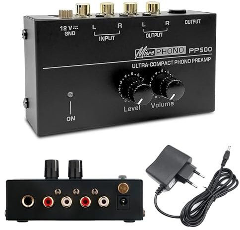 Phono preamplificatore giradischi per giradischi con sistemi di scansione MM, ingresso e uscita RCA, amplificatore stereo con livello, preamplificatore per giradischi con adattatore DC da 12 Volt
