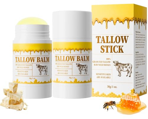 2PCS Beef Tallow Balm Stick – Grass Fed Tallow And Honey Balm For Face & Body, Multi-Purpose Moisture Stick For Dry Skin & Cracked Lips, Beef Tallow For Skin, Travel Size, Sensitive Skin Friendly