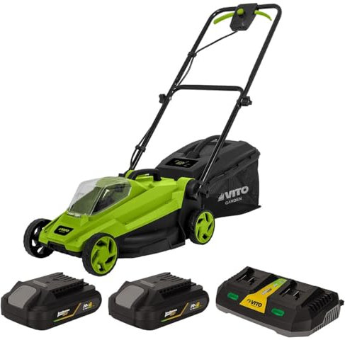 VITO - Tondeuse à Gazon 20V + 2 Batterie Lithium 3.0Ah Largeur de Coupe 32 cm Bac 30L + Chargeur Gazon 300m2
