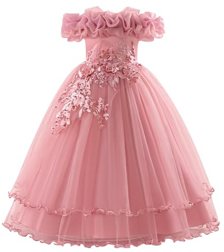 IBAKOM Robe de cortège fille festive pour mariage : robe d'été sans manches avec fleurs longue - robe de princesse en tulle pour enfants de 7 à 12 ans, Rose, 12 ans