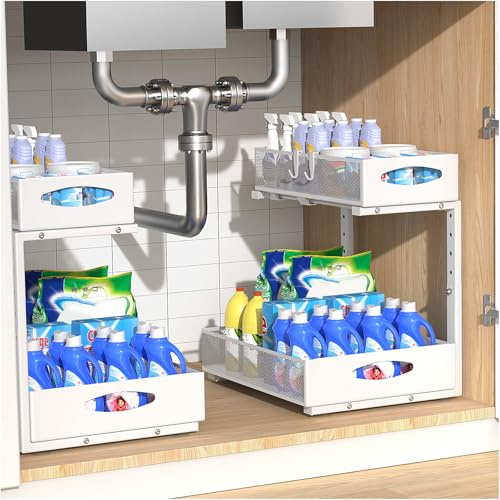 Housolution 2 Pack Large Under Sink Storage, Height Adjustable Pull Out Under Sink Organiser with Sliding Mesh Drawers, 2 Tier Metal Slide Out Kitchen Storage Rack Shelf for Cupboard, White