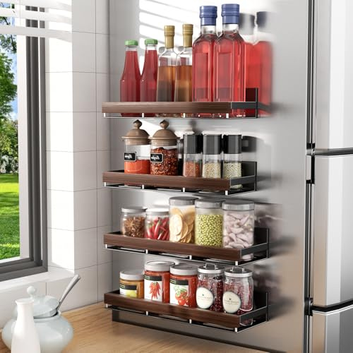 DEMEGA Walnut Magnetic Spice organizer for Refrigerator Wall Mount Spice Rack Magnetic Fridge Shelf Spice Jar Seasoning Organizer (Walnut 4 Pack)