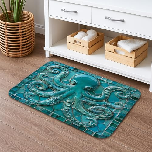 Oceanic - Tapete de baño de pulpo, diseño náutico azul vintage, absorbente, antideslizante, tapete de ducha de espuma viscoelástica de verano, lavable, para baño, baño, baño, decorativo, 16 x 24