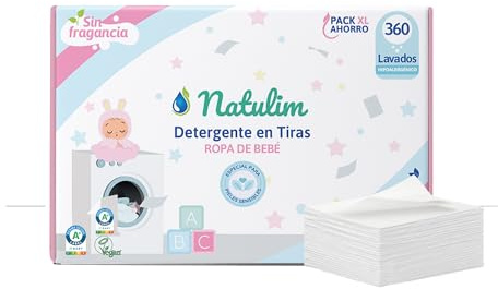 Natulim - Detergente en Tiras para Bebés (360 Lavados) - Fórmula Ultraconcentrada Sin Fragancia - Limpieza Suave en Agua Fría para Ropa Delicada - Ropa limpia y suave sin ensuciar el Planeta