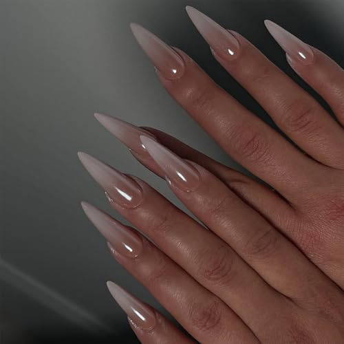 Virellay 24 Stück Press on Nails Lang - Nude Verlauf Weiß Milchig fingernägel zum aufkleben - Natürlich Gradient White Chrome nägel zum aufkleben für Frauen
