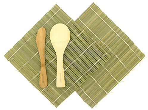 BambooMN - Kit per preparare sushi, 2 tappetini in bambù, 1 spatola per riso, 1 spatola, più opzioni e stile 100% bambù 1 Set Lyndee