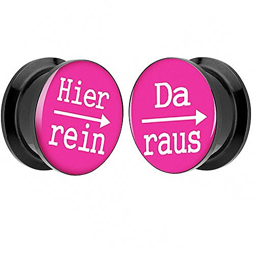 Piersando 1 Paar 2er Set Ohr Plug Piercing Kunststoff Flesh Tunnel Ohrplug mit Hier rein Da Raus Spruch Schwarz Motiv Comic Picture Pink 24mm