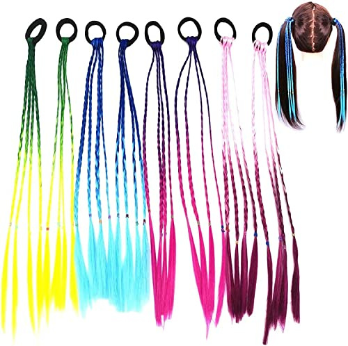 Bunte Haarsträhnen Kinder, Kinder Haarverlängerungen Geflochtenes Haargummiband, Farbverlauf Mädchen Haarteil Band mit elastischem Seilband für Kinder und Frauen - 8 Stk (A)