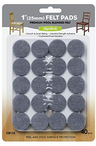 Slipstick Premium Wool Felt Furniture Pads/Floor Protectors (1 Inch Round Value Pack) Includes 40 Heavy-Duty Felt Chair Leg Pads with Self-Stick Adhesive, Gray, CB115