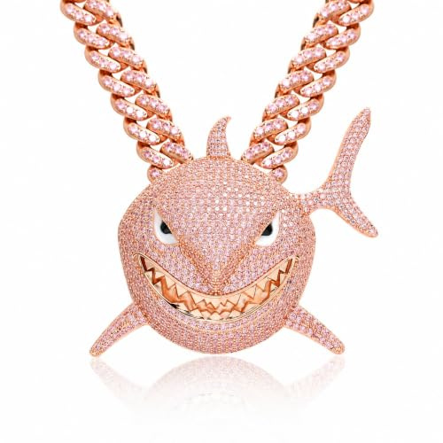 ICEDIAMOND Fancy Pink CZ Diamant Hai Anhänger mit 12MM Iced Out Kubanische Kette Halskette, 18K Roségold überzogen Hip Hop Schmuck für Männer Frauen