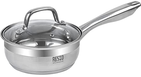 RESTO Kochtopf 1l, Bratentopf 16 cm– Saucepan Stielkasserolle aus Edelstahl mit hitzebeständigem Glasdeckel und Griff für alle Herdarten geeignet, auch Induktion