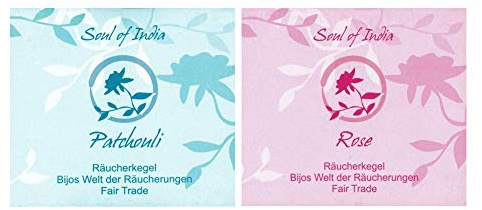 Soul of India Conos de Incienso Indio, Juego de 2: pachulí y Rosa, Cada Paquete con 10 Conos