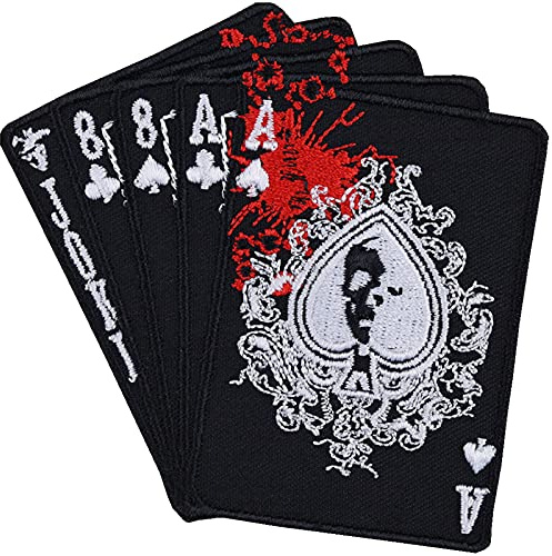 Döda mans hand pokerkortslapp att sy på och stryka | Bloddy Cards Patch universal applikation för alla tyger | 85 x 85 mm