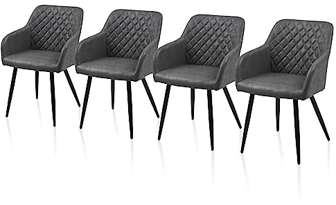 TUKAILAI 4er Set Esszimmerstühle Kunstleder Stühle Dunkelgrau | Küchenstühle mit Armlehnen,Rückenlehne,Metallbeinen Moderne Polsterstuhl für Esstisch Küche Wohnung,abwischbare Oberfläche