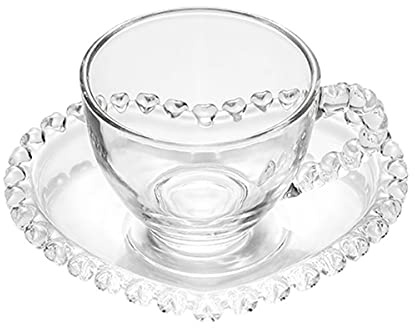 Sizikato Set tazza e piattino in vetro trasparente, 85 g, con piattino a forma di cuore