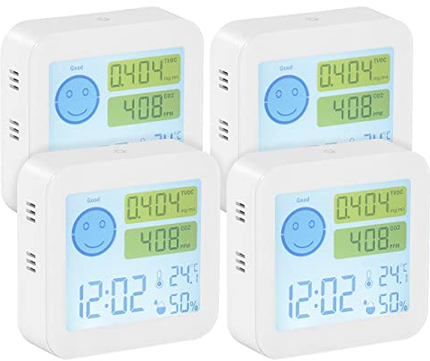 infactory Luftqualitätsmesser: 4er-Set TVOC- & CO2-Messgeräte mit Uhr, Temperatur, Luftfeuchtigkeit (Thermometer mit Co2 Anzeigen, Co2-Meter, Digitale Wanduhr)
