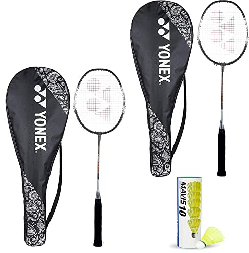YONEX Best Beginner's Badminton Combo – ZR 100 lätt aluminiumblandningsracket med fullt skydd, set med 2 + Mavis 10 fjäderbollar, paket med 6 – kolfärg