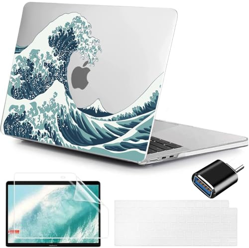 MUSHUI 4 in 1 Custodia per Macbook Air M4 M3 M2 13.6 Pollici A3240 A3113 A2681, 2025 2024 2022, Plastica Case Cover Rigida & Pellicola Tastiera & Proteggi Schermo & Adattatore USB C, Onde Giapponesi