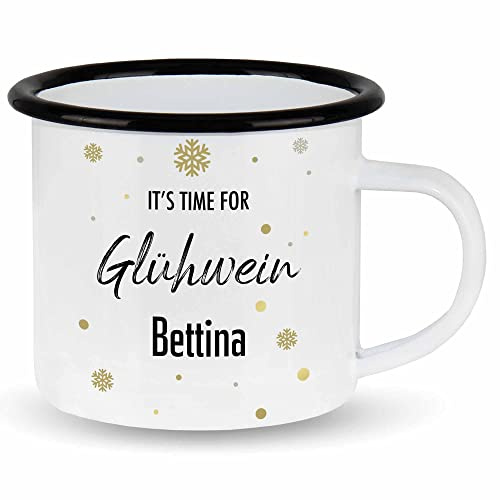 wowshirt Emallie Tasse Glühwein personalisiert mit Namen It's time for Glühwein Wunschname, Farbe:White - Black