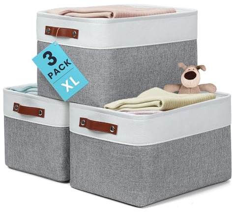OrganiHaus Extra Large Fabric Storage Baskets for Shelves 3 Pack, 16x13in Closet Storage Bins for Shelves, Canvas Baskets for Organizing, Linen Closet Organizers, Cloth Basket, Gray/Off-White