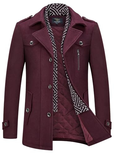 KUDMOL Herren Wintermantel Wolle Kurzmantel Stehkragen Wollmantel Mittellang für Business Freizeit Peacoat(Weinrot,S)