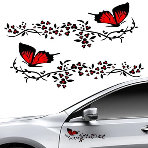 CLKE 2 Pcs Autocollant Voiture, Stickers pour Voiture Avec Motif Papillons et Fleurs,Stickers Personnalisé pour Capot Couverture de Voiture,Moto,Planches à Roulettes,Valises,Murs(Rouge et Noir)