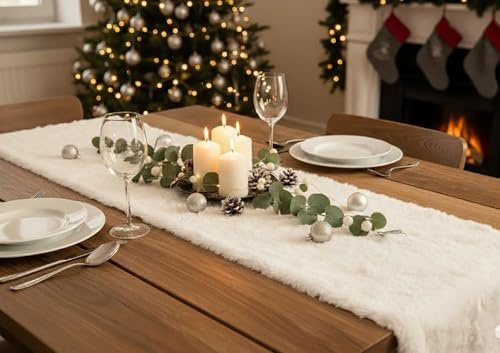 KAMACA Tischläufer 28×200 cm Kuschelfell in Lammfell-Optik Flauschiges Tischband Winter Weihnachten für Esstisch Sideboard Couchtisch weich zum individuellen Dekorieren (Tischläufer 28x200 cm Creme)