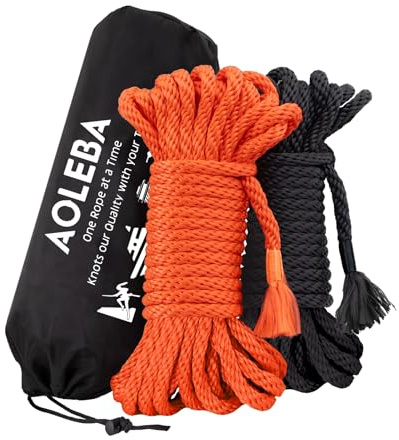 AOLEBA Skin Friendly 8mm Soft Silk Rope, Rope for Knot Tying Practice Beginners, Multiple Strands Braided Polypropylene, 2 Sets 32 Ft Ropes with Storage Dust Bag (Black and Orange)