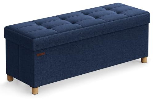 SONGMICS Sitzhocker mit Stauraum, klappbare Sitzbank mit Beinen, 38 x 110 x 40 cm Fußbank, Aufbewahrungsbox, bis 300 kg belastbar, für Wohnzimmer Schlafzimmer Flur, mitternachtsblau LSF018Q12