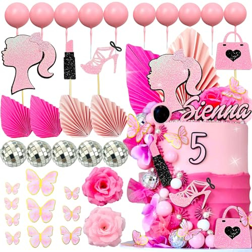 JeVenis Hot Pink Schmetterling Tortendekoration Rosa Mädchen Geburtstag Dekoration Rosa Kugeln Palmenblätter Fersen Lippenstift Taschen Cake Topper