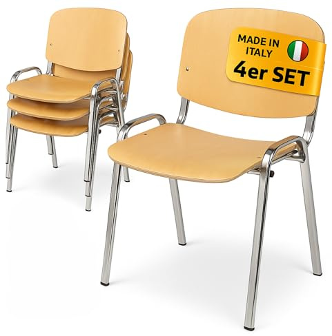 Topsit 4er Set Besucherstuhl, Bequemer Konferenzstuhl, stapelbar, mit Sitz und Rückenlehne aus Holz. (Chrom Gestell)