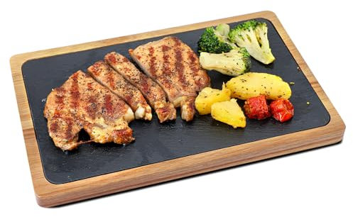 WLWNWFT Tabla de servir, combinación de madera de acacia y pizarra, 28 x 20 cm, perfecta para queso, sushi, aperitivos