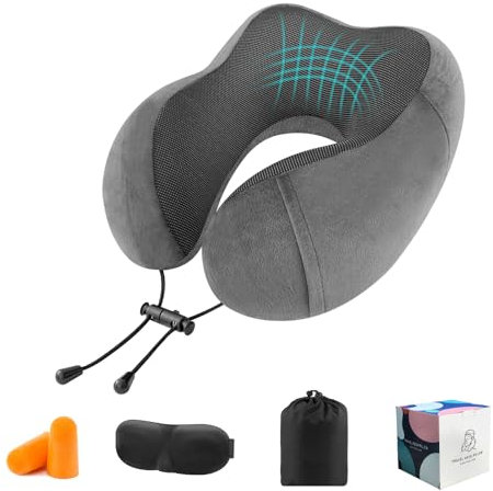 CNMTCCO Travel Pillow - Comfortable Neck Pillow for Travel, Memory Foam Neck Pillow Head Support Soft Pillow for Sleeping Rest Airplane Car & Home Use, with Ear Plugs, Eye Mask & Carry Bag (Grey)