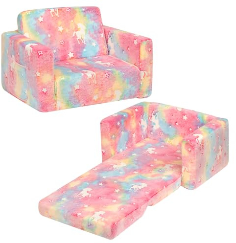 BEJOY Canapé-lit, 2 en 1, pour Enfant, en Flanelle, Pliable, pour Chambre d'enfant, Cadeau d'anniversaire pour Filles et garçons, Barbe à Papa avec Licornes