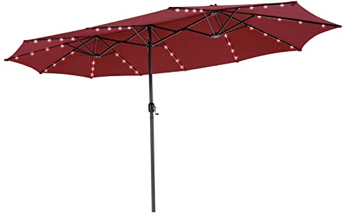 COSTWAY Doppelsonnenschirm mit LED-Beleuchtung, 450 x 260 cm | Sonnenschirm Groß XXL, UPF 50+, Gartenschirm mit Kurbel, Terrassenschirm, Marktschirm für Garten, Terrasse, Rot