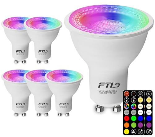 FTL GU10 LED Bulbs Color Changing Light Bulbs with Remote Control, Dimmable 2700K-6000K RGB Colored Light Bulbs 5W 40W Equivalent, 30 Colors, Timer, Spotlight for Track Lighting, 6-Pack