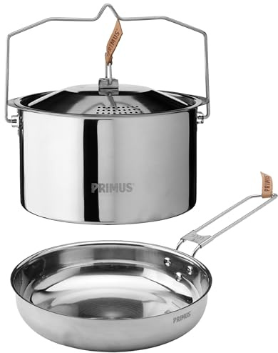 Primus Outdoor Kochset Edelstahl - Campfire Cookset Small - 3,0 L & 20 cm Camping Kochtopf - 21 cm Camping Pfanne - Camping Kochgeschirr für Lagerfeuer & Gaskocher - Camping Geschirr Edelstahl