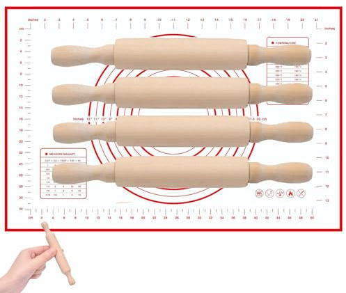 4 Pcs Rolling Pin with Silicone Baking Mat, 18 X 2cm Rolling Pin for Baking, Small Rolling Pin, Mini Rolling Pin, Wooden Rolling Pin for Fondant, Pie Crust, Cookie, Pastry, Dough
