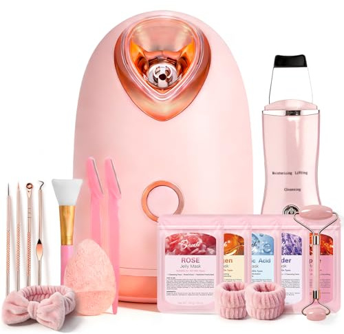 Pjordo Facial Steamer Spa Kit, Skin Scrubber, Nano Ionic Face Steamer for Deep Cleaning Unclogs Pores, Warm Mist Humidifier Steamer for Face Home Sauna SPA
