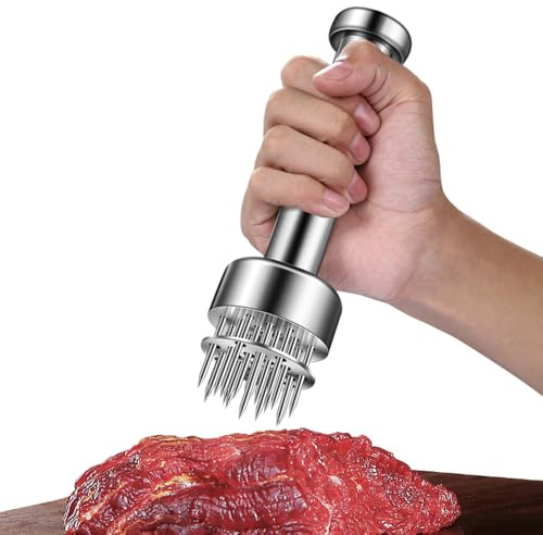 BOMANSI BOMS Stainless Steel Meat Tenderizer Tool, 21 Sharp Needles, Meat Piercing, Tenderizing Steak, Beef, Chicken, Pork, Barbecue, Marinating Prep Tool, with free cleaning brush