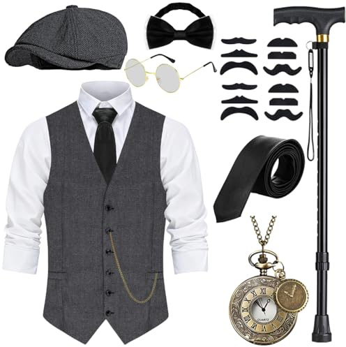 WILDPARTY 20-tals kostym, herrväst med tillbehör, vikbar krycka, fickur, skägg fedora glas, slips, fluga, för maffia, kostym, 1920-talet, gangster, Peaky Blinders, karneval, halloween, temafest